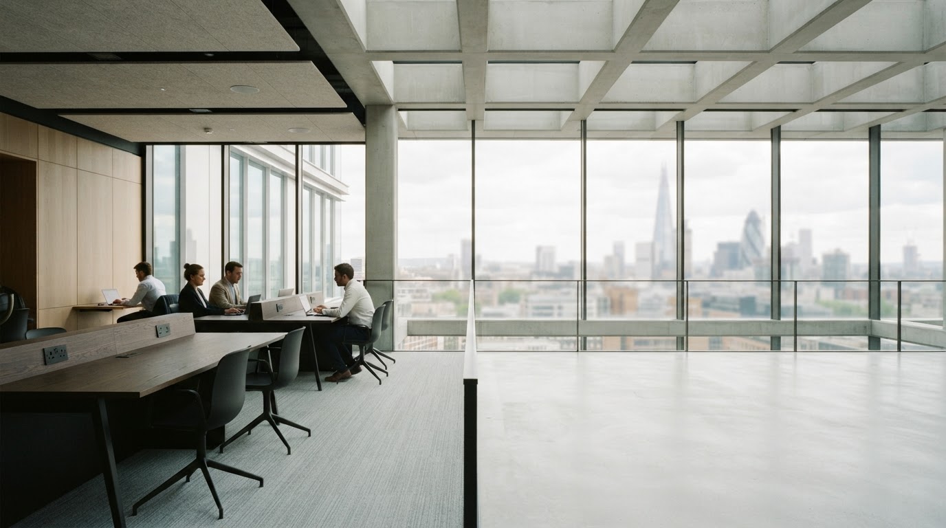 Summit Rendon minimalist glass office building reflecting a grey London sky